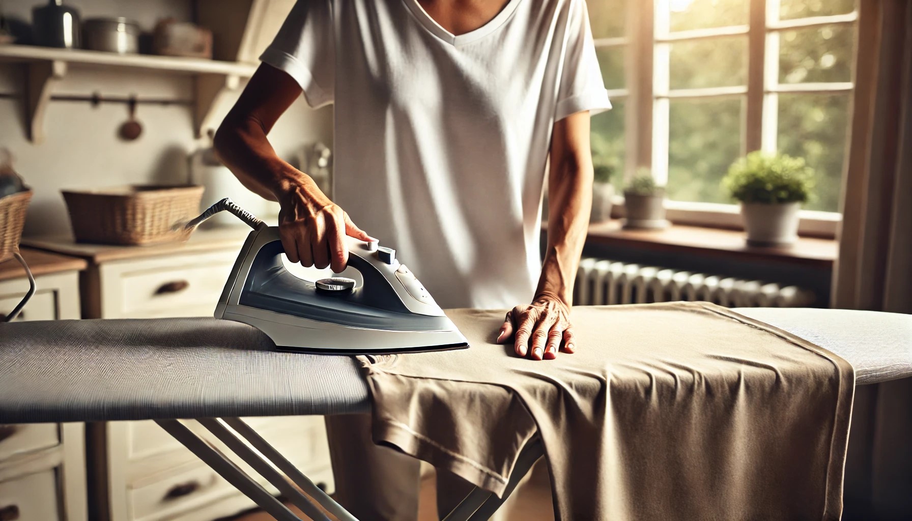 Tシャツにアイロンをかけている様子